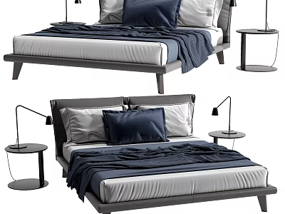 Modern Double Bed With Dark Blue Pillows Blankets And Bedside Tables 3d model