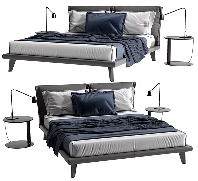 Modern Double Bed With Dark Blue Pillows Blankets And Bedside Tables 3d model