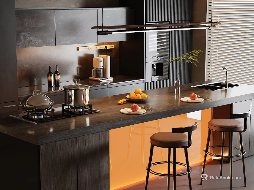 Modern Open Kitchen Interior Design With Island Counter Stools And Cabinets 3d model 