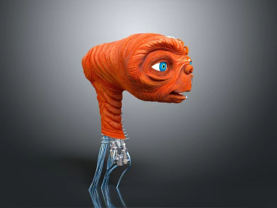 Orange Sci Fi Creature Head With Large Blue Eye And Transparent Stand 3d model