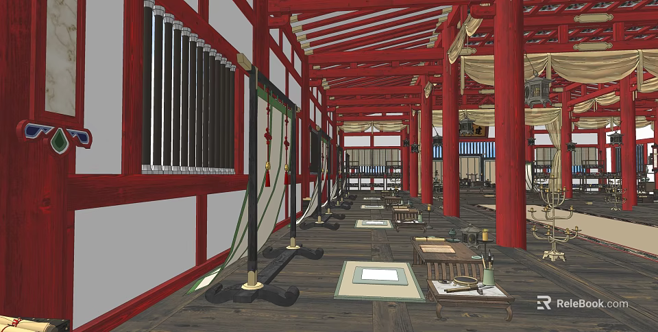 Ancient Architecture Interior With Red Beams Columns Traditional Decorations Wooden Tables And Mats On Floor 3d model 