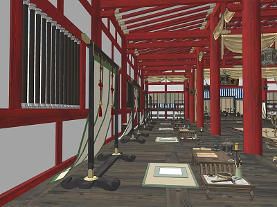 Ancient Architecture Interior With Red Beams Columns Traditional Decorations Wooden Tables And Mats On Floor 3d model
