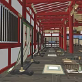 Ancient Architecture Interior With Red Beams Columns Traditional Decorations Wooden Tables And Mats On Floor