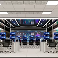 Modern Monitoring Room Interior With White Floor Green Pillars Workstations Computer Screens And Ceiling Lights