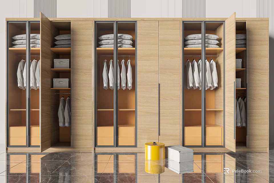 Modern Wooden Wardrobe With Glass Doors Hanging And Folded Clothes Storage 3d model 