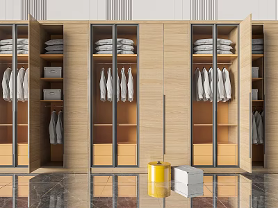 Modern Wooden Wardrobe With Glass Doors Hanging And Folded Clothes Storage 3d model