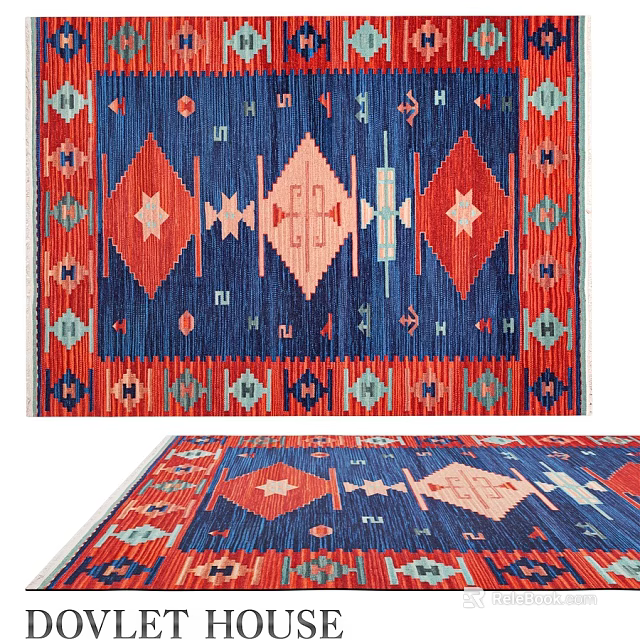 Vibrant Blue Red Square Rug With Geometric Diamond Star Patterns 3d model 