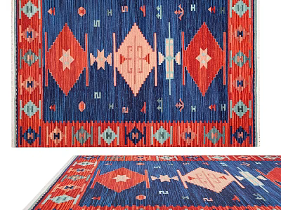 Vibrant Blue Red Square Rug With Geometric Diamond Star Patterns 3d model