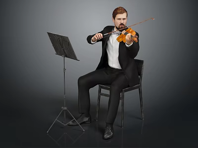 Man In Suit Sitting On Black Chair Playing Violin With Music Stand 3d model