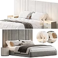Modern Upholstered Double Bed Featuring Soft Pillows Cozy Blanket and Sleek Nightstand
