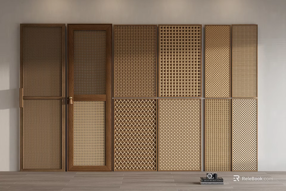 Minimalist Metal Room Divider Screen with Combined Panels and Perforated Patterns on Wooden Floor 3d model 