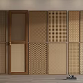 Minimalist Metal Room Divider Screen with Combined Panels and Perforated Patterns on Wooden Floor