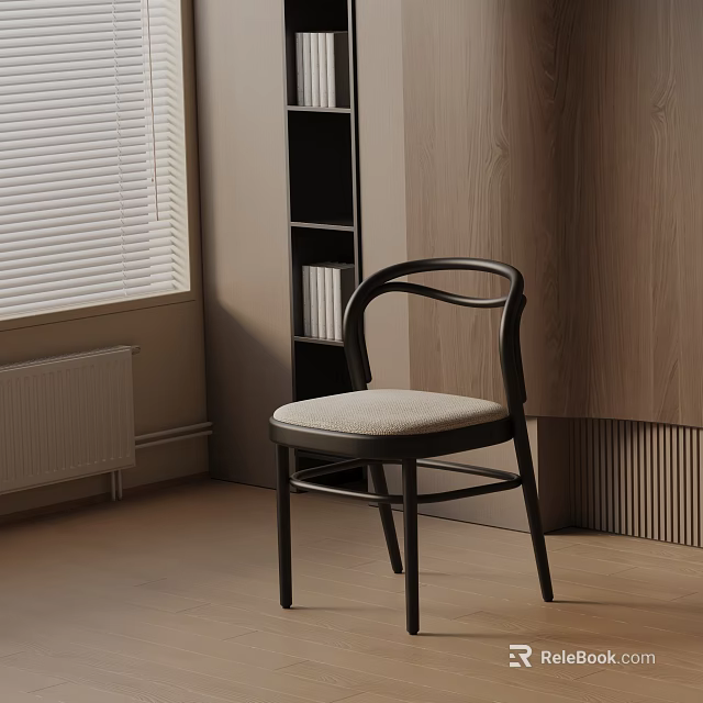 Modern Dining Chair With Curved Backrest And Beige Padded Seat In Wooden Interior 3d model 