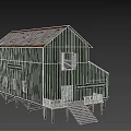 Green Wooden Mill Wharf Storehouse with Rusty Metal Roof Stilted Base and Windows with Shutters
