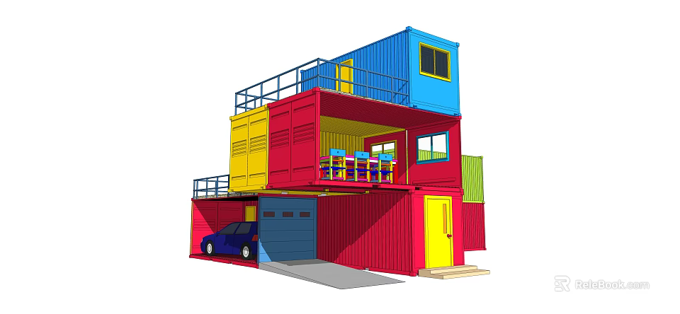 Colorful Industrial Containers Built Into Multi Level Building With Garage And Balcony 3d model 