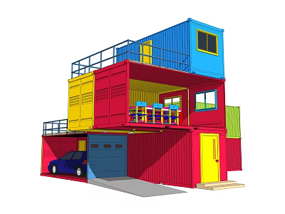 Colorful Industrial Containers Built Into Multi Level Building With Garage And Balcony 3d model