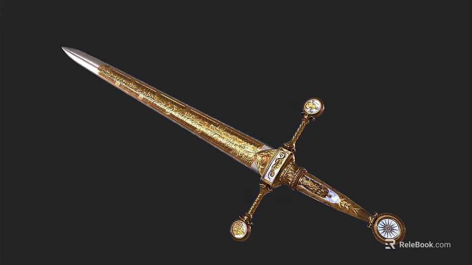 Ornate Golden Decorative Sword With Intricate Carvings And Gemstone Handle 3d model 