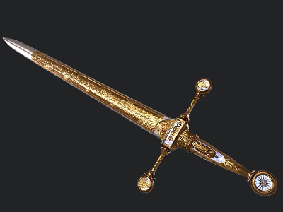 Ornate Golden Decorative Sword With Intricate Carvings And Gemstone Handle 3d model