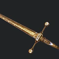 Ornate Golden Decorative Sword With Intricate Carvings And Gemstone Handle