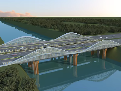 Modern Wavy Bridge Design Spanning River With Piers Water Reflection And Moving Vehicles 3d model