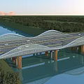 Modern Wavy Bridge Design Spanning River With Piers Water Reflection And Moving Vehicles