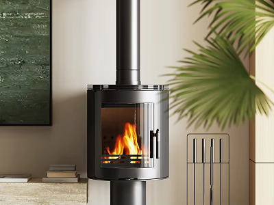Modern Fireplace Interior Design With Glass Door Flames And Green Plant 3d model