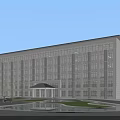 Modern Commercial Building With Glass Facade Water Pool And Landscaped Entrance Area