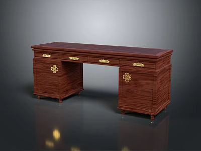 Traditional Dark Wooden Desk With Golden Accents Carved Drawers And Sturdy Legs 3d model