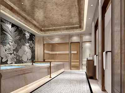 Elegant SPA Sauna Interior With Marble Walls Floral Mural Bathtub And Wooden Lockers 3d model