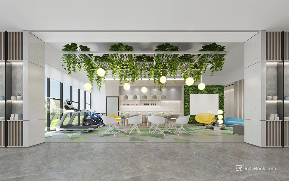 Leisure Area Interior Design With Hanging Green Plants Cozy Sofa And Round Pendant Lights 3d model 