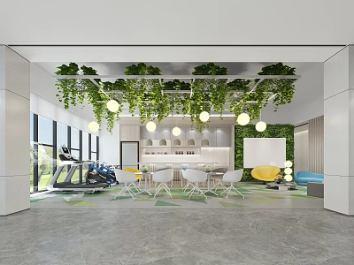 Leisure Area Interior Design With Hanging Green Plants Cozy Sofa And Round Pendant Lights 3d model