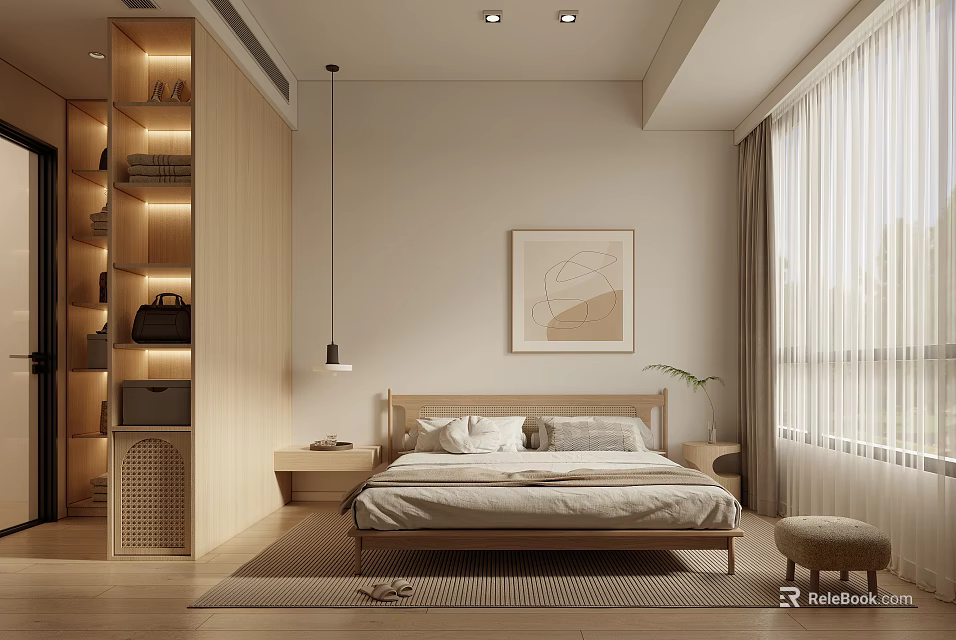 Natural Modern Bedroom Interior With Wooden Bed Cabinet Artwork Pendant Light And Curtain 3d model 