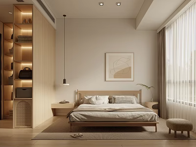 Natural Modern Bedroom Interior With Wooden Bed Cabinet Artwork Pendant Light And Curtain 3d model