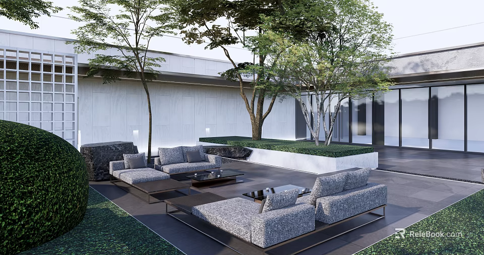 Modern Courtyard Garden with Gray Sofas Coffee Tables Trees Greenery and White Wall Design 3d model 