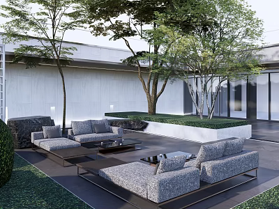 Modern Courtyard Garden with Gray Sofas Coffee Tables Trees Greenery and White Wall Design 3d model