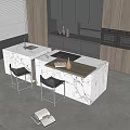 Elegant Modern Bar Counter In Open Kitchen With Marble Top And Black Stools 3d model