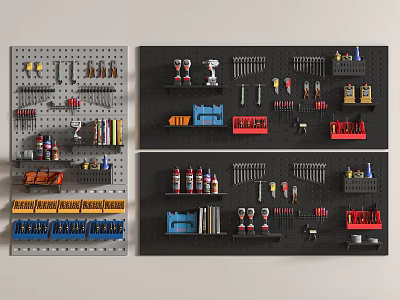 Organized Hardware Tools Wall Mounted Display With Various Screwdrivers Wrenches And Storage Cases 3d model