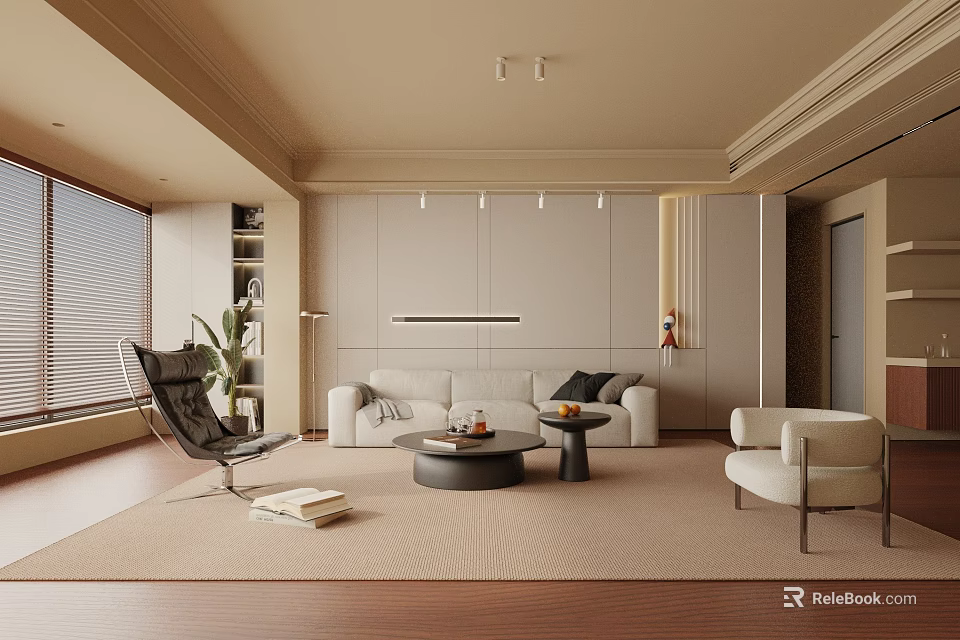 Modern Living Room Interior With beige sofa black chair round coffee table and wooden flooring 3d model 