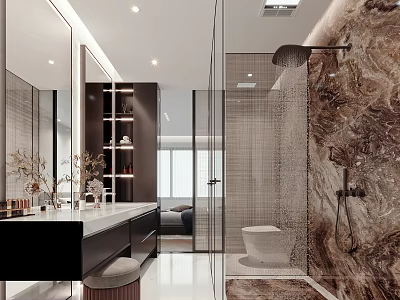 Modern Bathroom Design With Marble Wall Glass Partition And Vanity 3d model