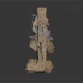 Mine Tunnel Interior With Rail Tracks Wooden Supports Rocky Ground And Dirt Floor