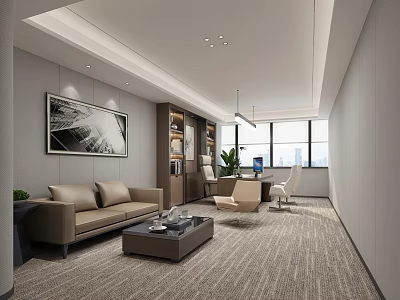 Modern Office Interior Design With Sofa Coffee Table Desk And Chairs 3d model