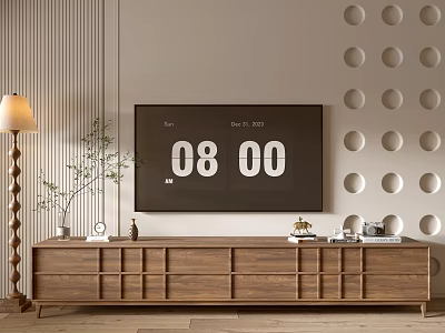 Modern Wooden TV Stand With Storage In Minimalist Living Room With Striped And Circular Walls 3d model