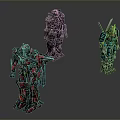 Three Colorful Mechanical Robots Red Gray Teal With Detailed Armor And Weapon