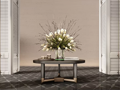 Elegant Glass Vase with White Tulips and Branches on Black Round Table with Metal Legs 3d model