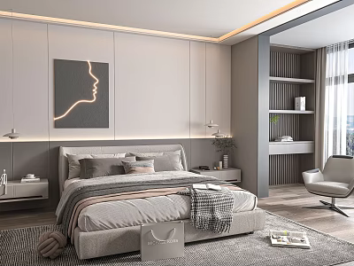 Modern Minimalist Bedroom Interior With Neutral Tones Bed Abstract Line Artwork Nightstands And Bookshelf 3d model