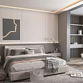 Modern Minimalist Bedroom Interior With Neutral Tones Bed Abstract Line Artwork Nightstands And Bookshelf