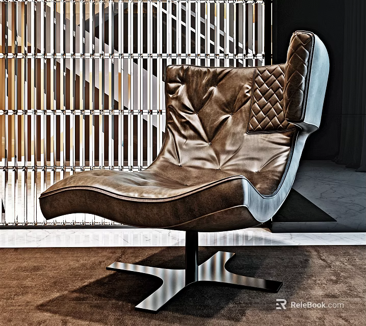 Modern Brown Leather Accent Chair With Quilted Back And Stylish Metal Base Design 3d model 