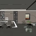 Modern Office Interior Design with Desk Chairs Bookshelf Sofa Area Green Plant and Floor Lamp