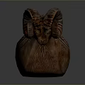 Wooden Ram Head Shaped Vessel With Carved Patterns For Daily Use