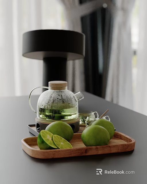 Decorative Ornament Set with Glass Teapot Wooden Tray Fresh Limes and Sliced Lime on Tabletop 3d model 